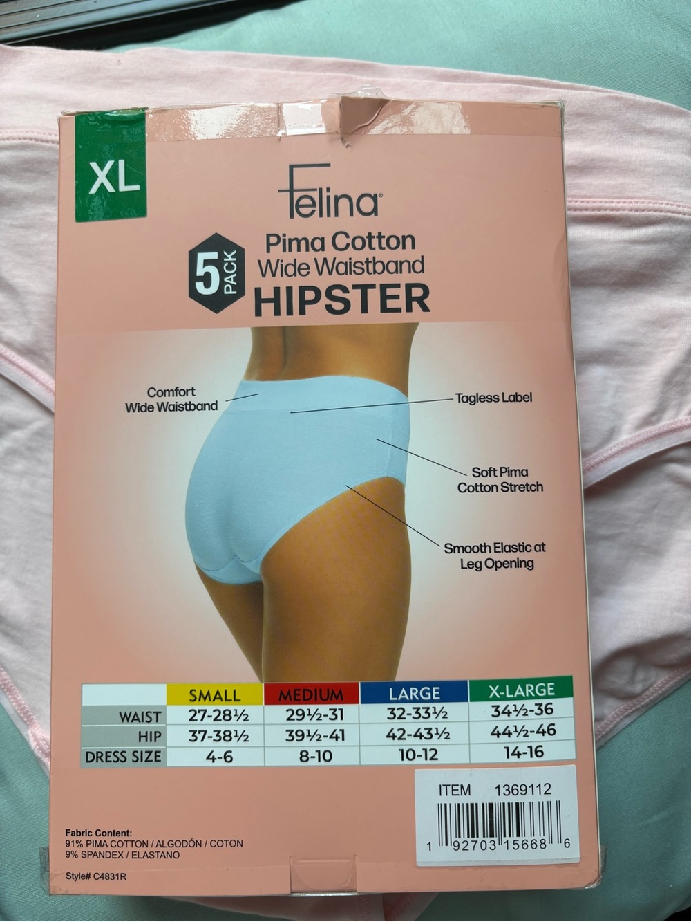 Felina Pima Cotton hipster underpants wide waistband XL nwt 5-pack